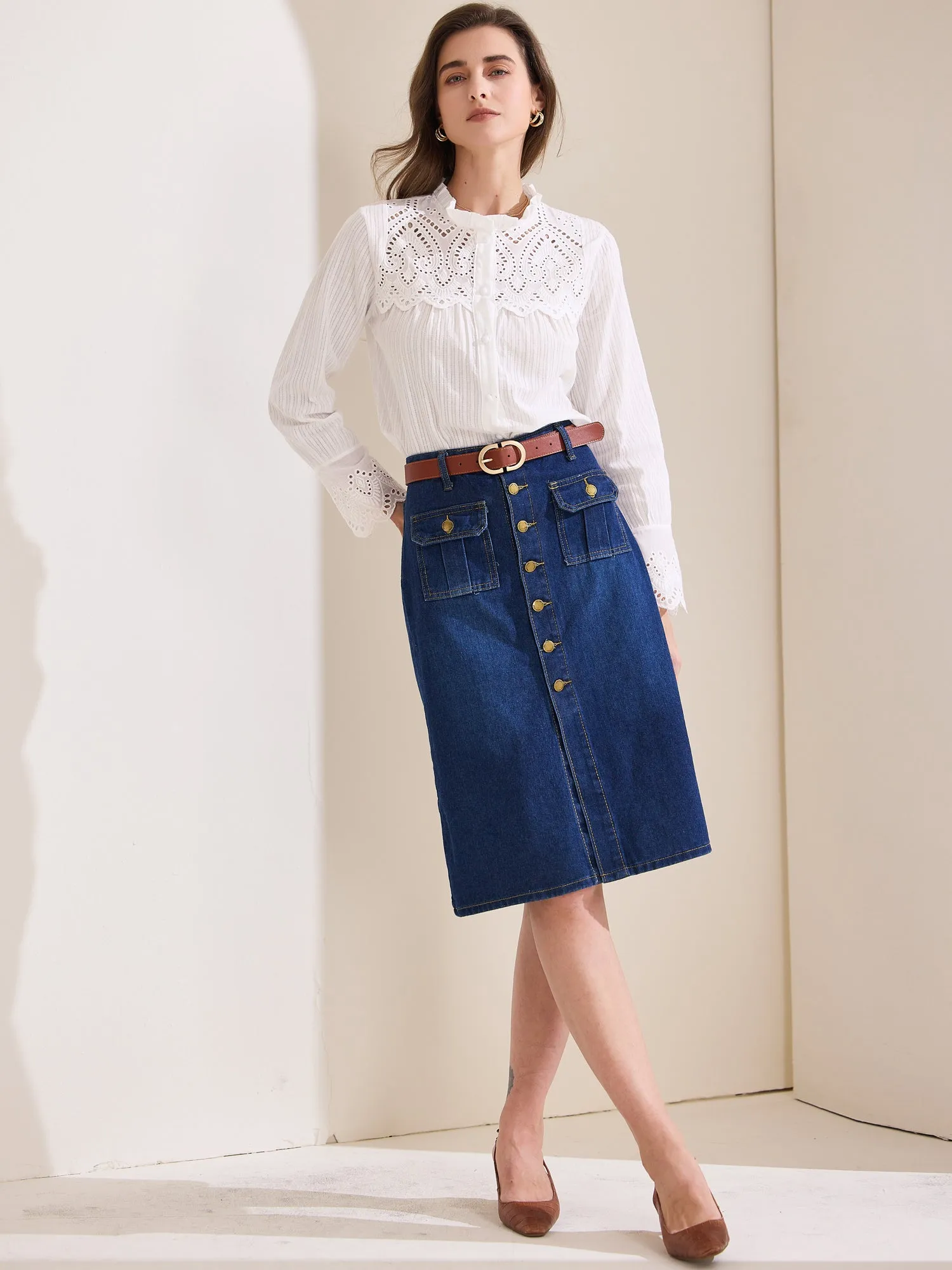 Long Sleeve Ruffled Neck Eyelet Button-Up Shirt sold by Allegra K product image thumbnail 2