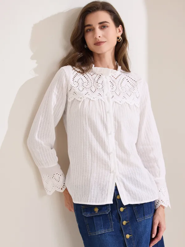 Long Sleeve Ruffled Neck Eyelet Button-Up Shirt sold by Allegra K