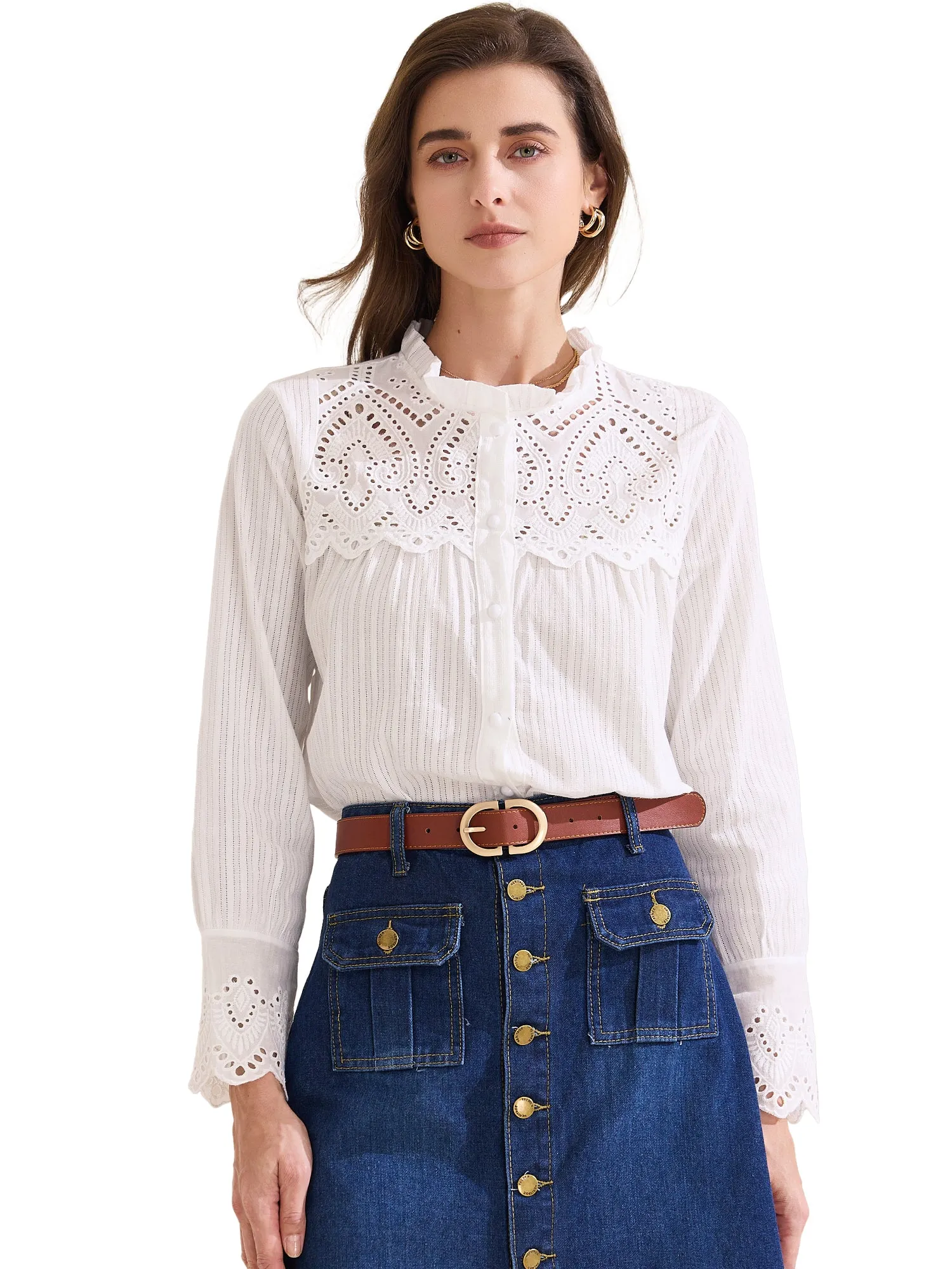 Long Sleeve Ruffled Neck Eyelet Button-Up Shirt sold by Allegra K product image thumbnail 5