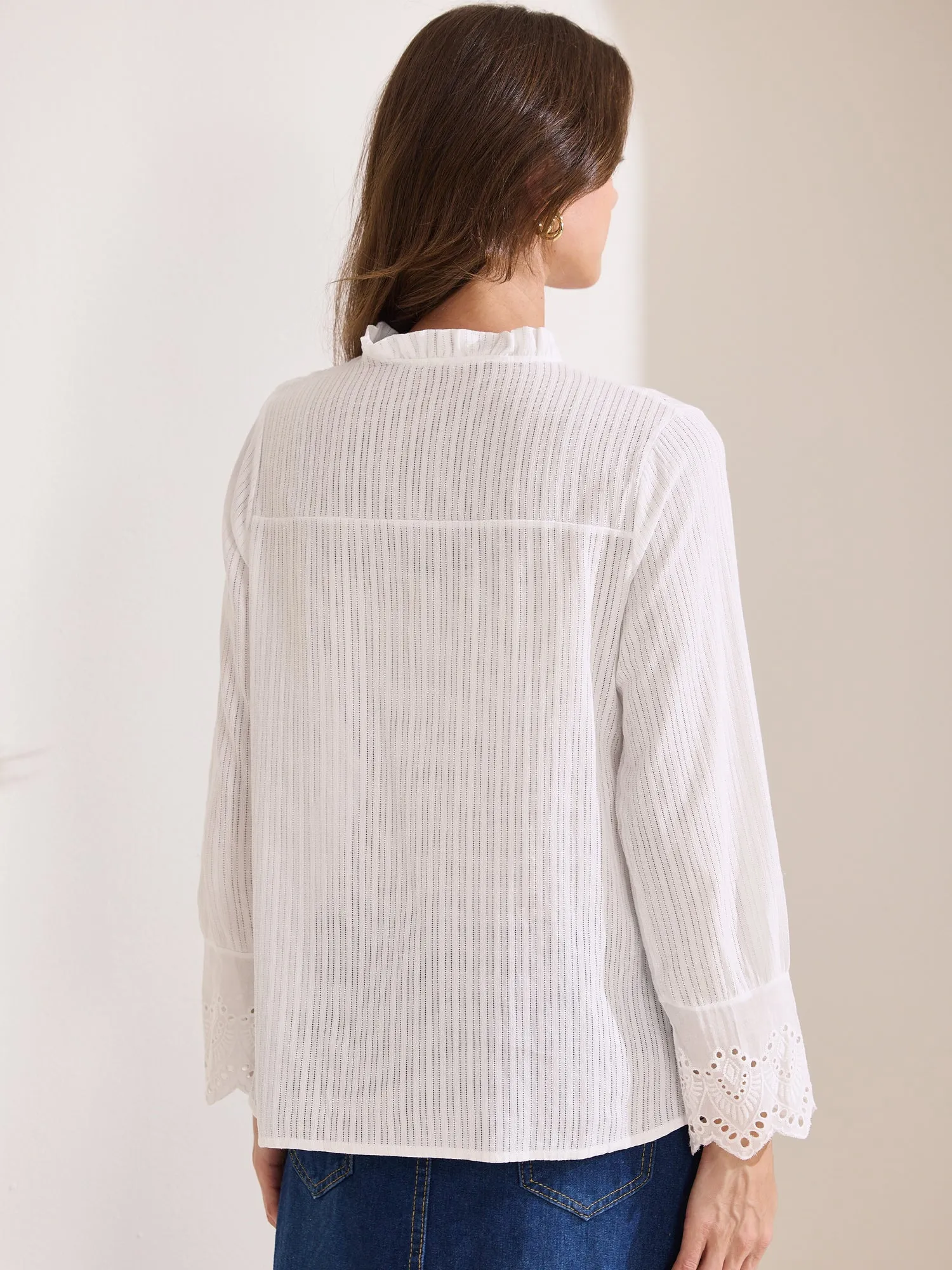 Long Sleeve Ruffled Neck Eyelet Button-Up Shirt sold by Allegra K product image thumbnail 3