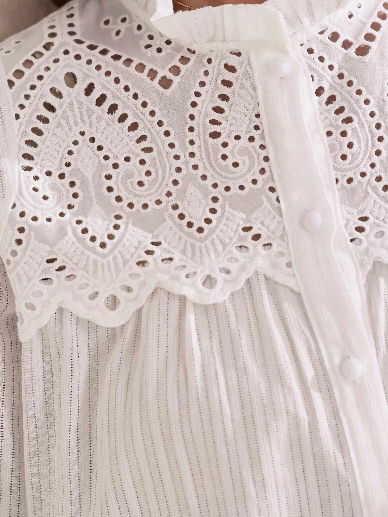 Long Sleeve Ruffled Neck Eyelet Button-Up Shirt sold by Allegra K product image thumbnail 4