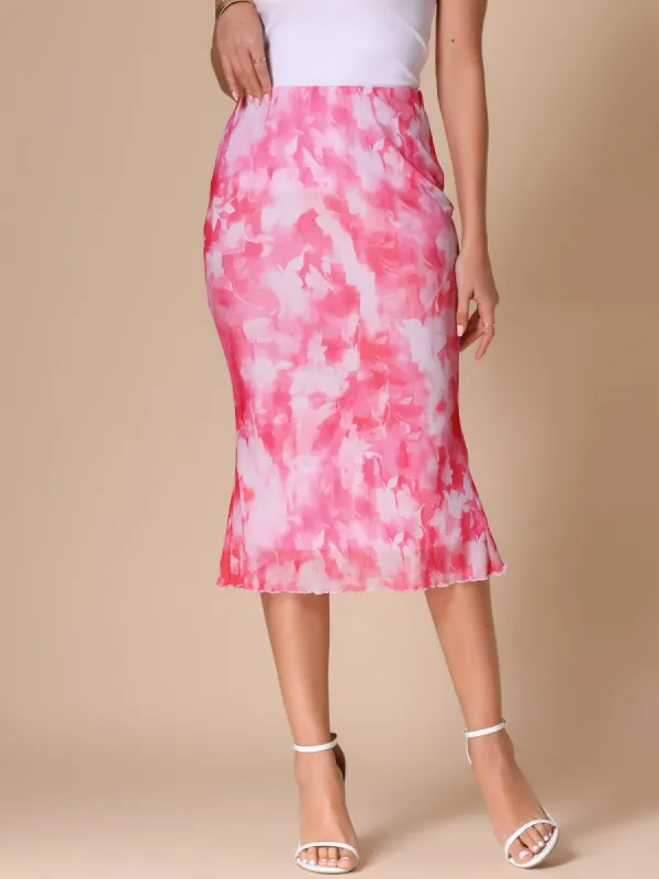 Floral Mesh Fishtail Bodycon Summer Midi Skirt sold by Allegra K
