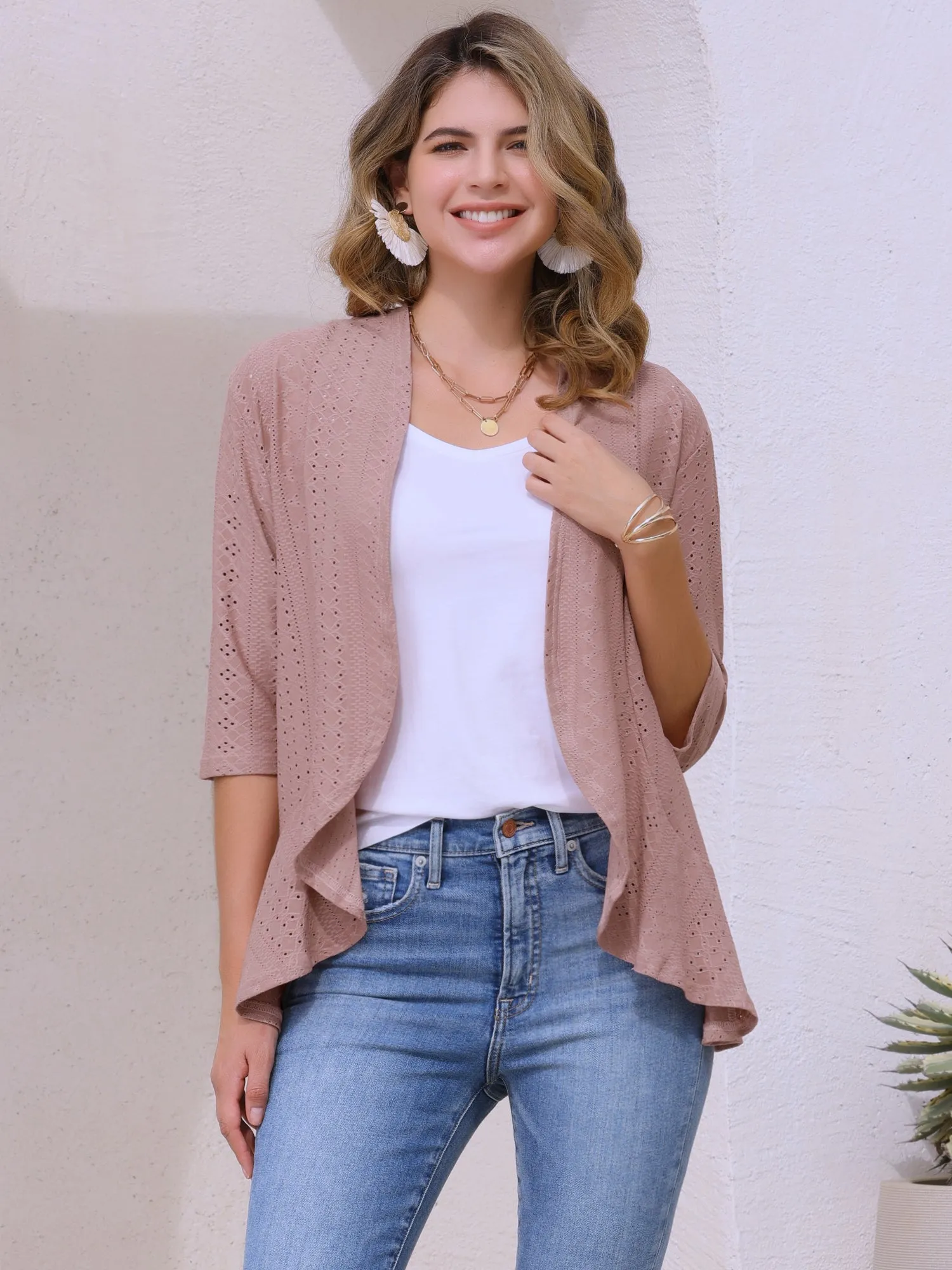 Eyelet 3/4 Sleeve Open Front Casual Lightweight Jacket sold by Allegra K