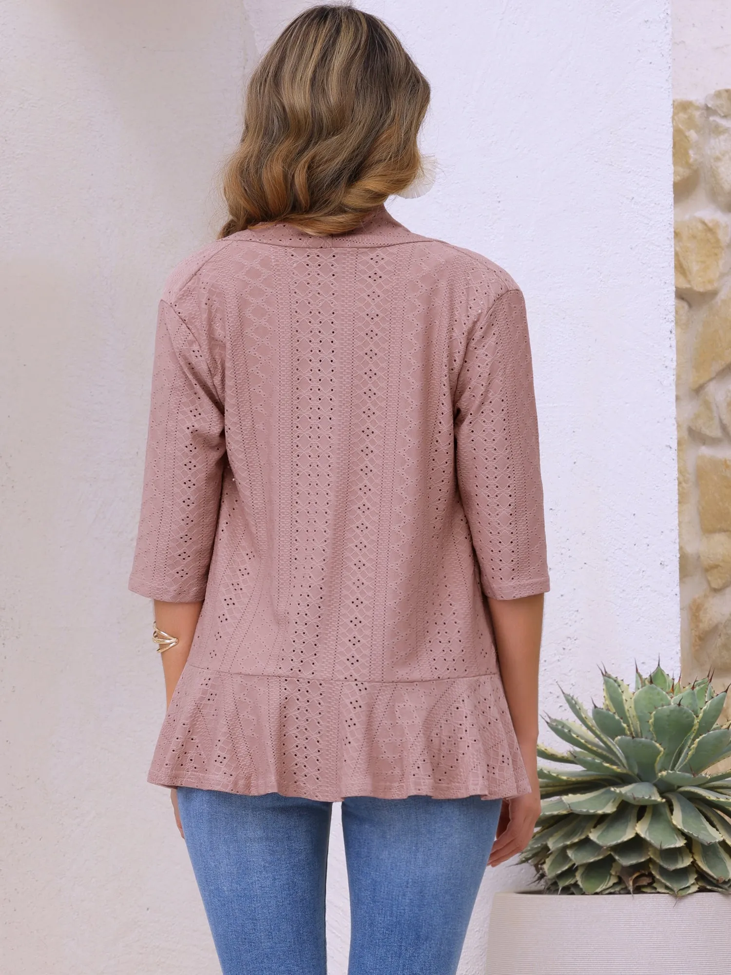 Eyelet 3/4 Sleeve Open Front Casual Lightweight Jacket sold by Allegra K product image thumbnail 3
