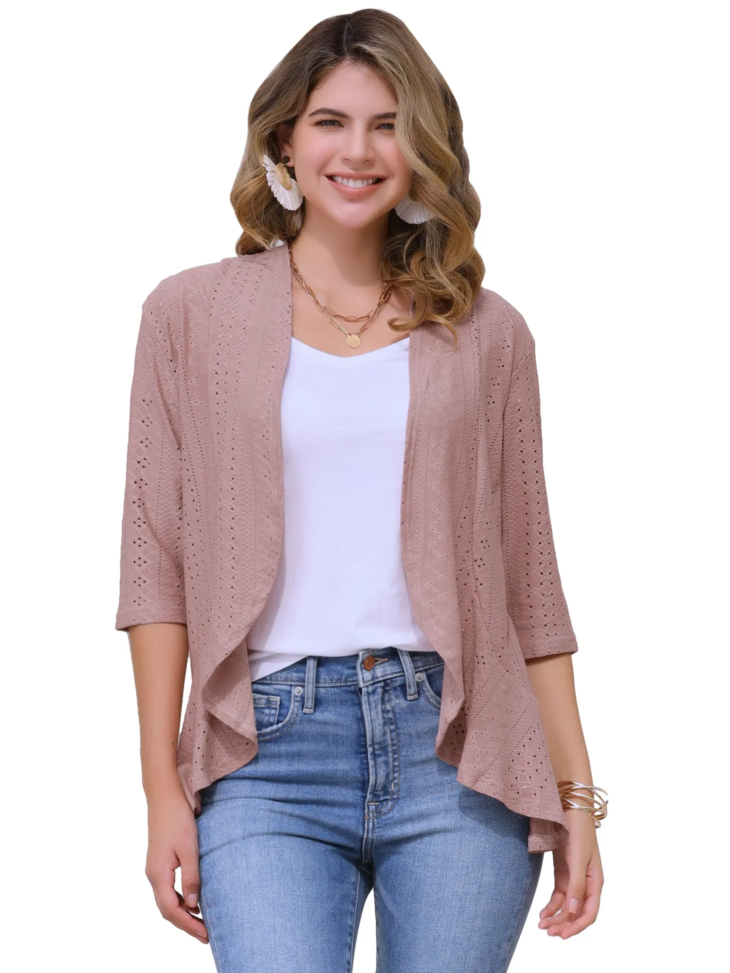 Eyelet 3/4 Sleeve Open Front Casual Lightweight Jacket sold by Allegra K product image thumbnail 4