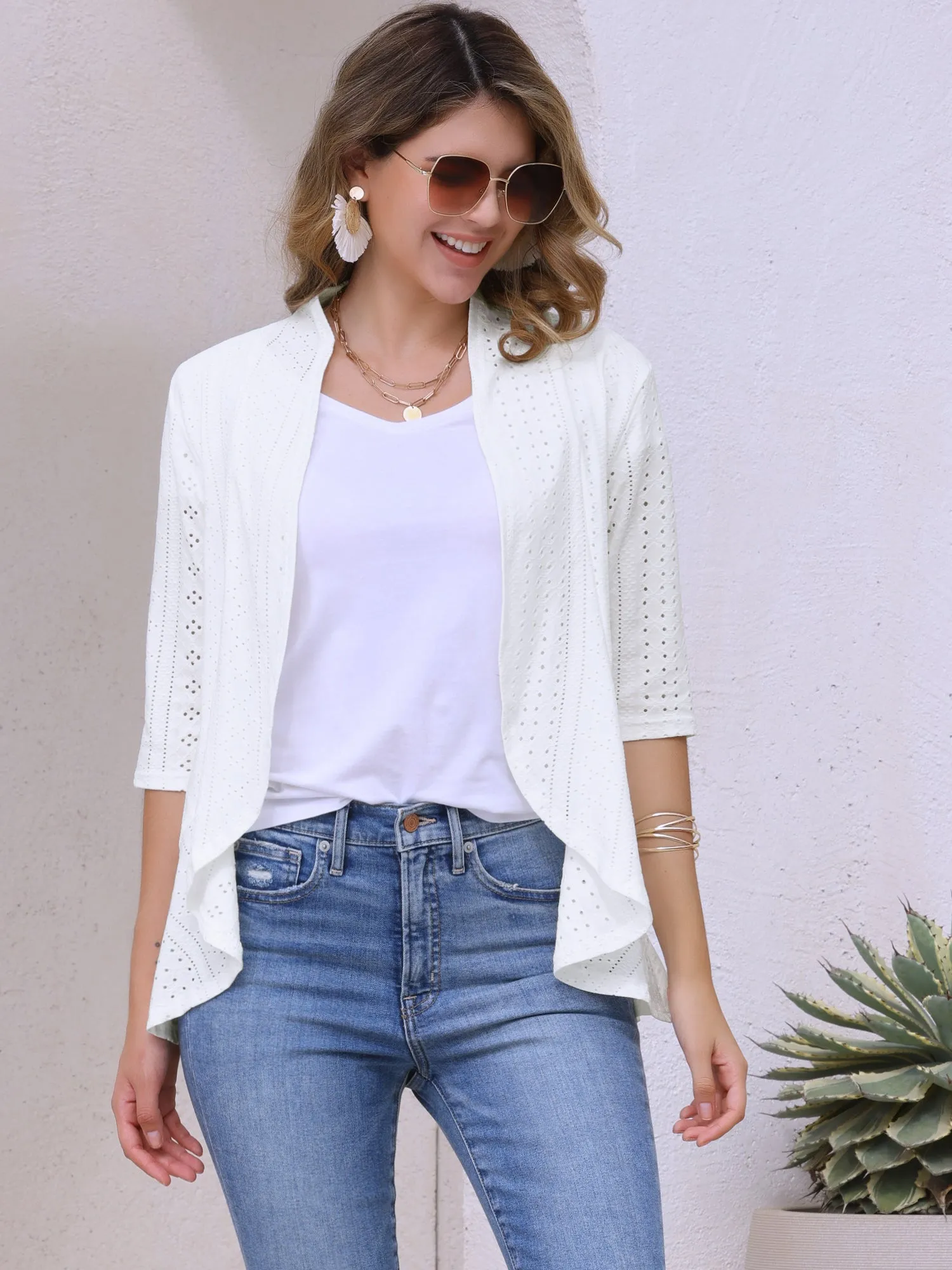 Eyelet 3/4 Sleeve Open Front Casual Lightweight Jacket sold by Allegra K product image thumbnail 5
