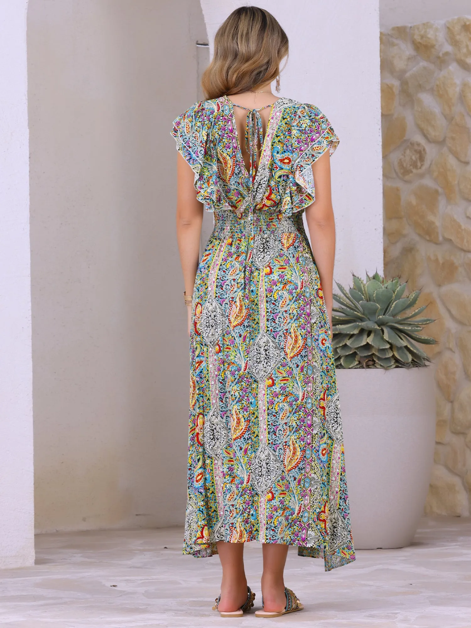 Ruffle Short Sleeve Paisley Boho Smocked Slit Dress sold by Allegra K product image thumbnail 3