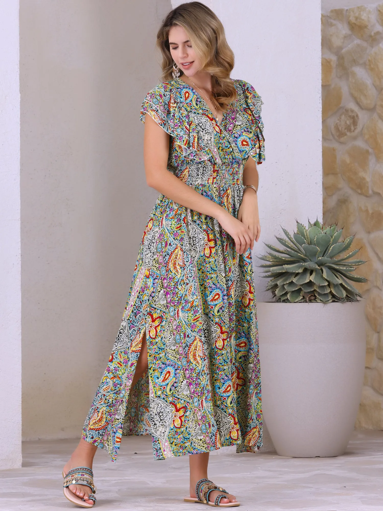 Ruffle Short Sleeve Paisley Boho Smocked Slit Dress sold by Allegra K product image thumbnail 2