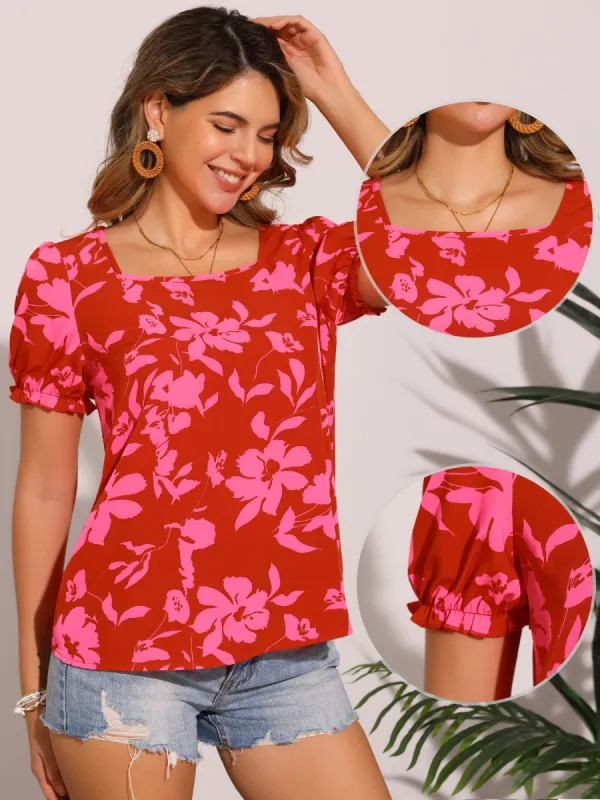 Floral Square Neck Puff Short Sleeve Blouse sold by Allegra K