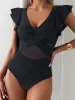 Ruffled Cap Sleeves Beach One Piece Swimsuit sold by Allegra K