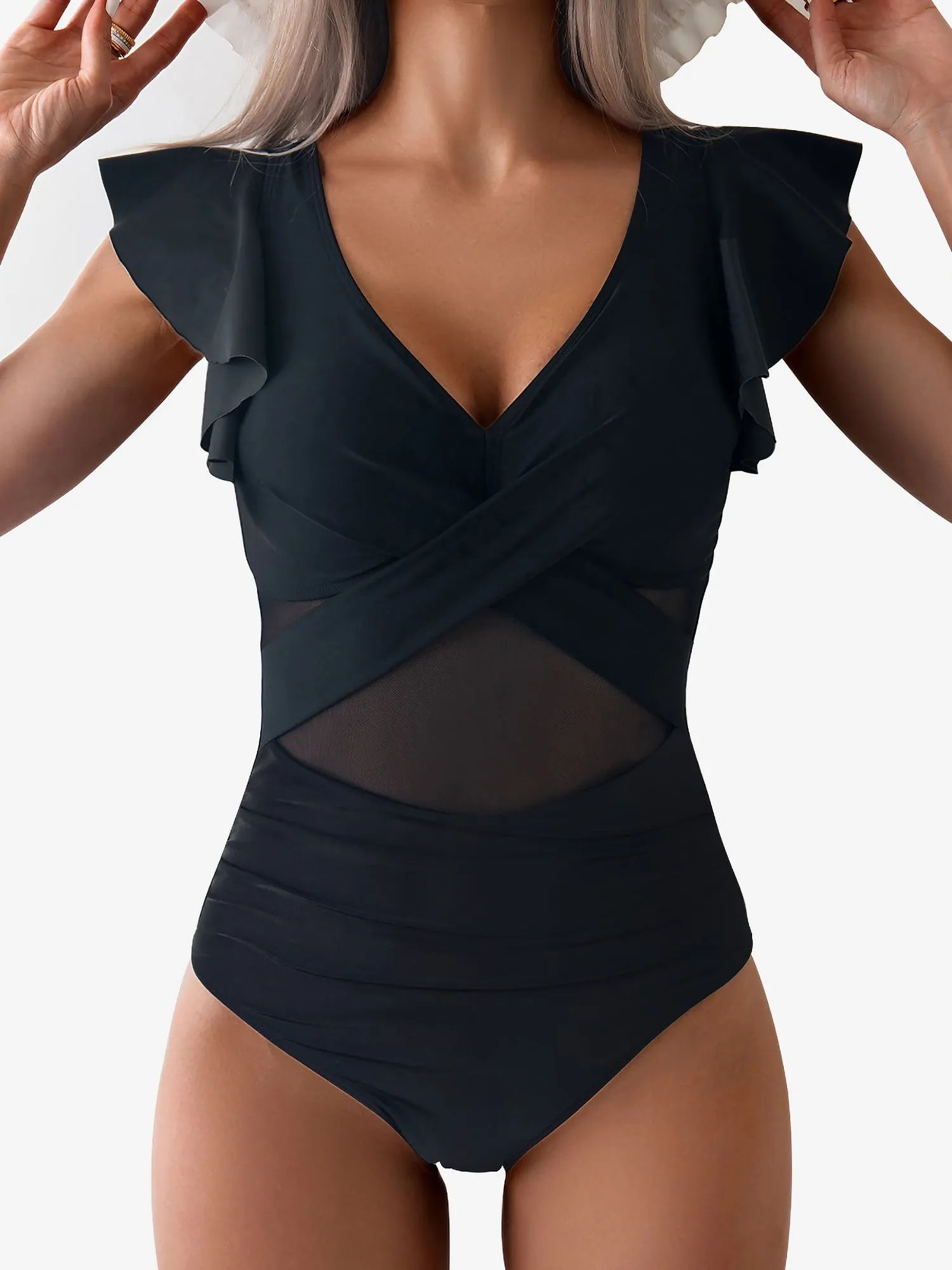 Ruffled Cap Sleeves Beach One Piece Swimsuit sold by Allegra K product image thumbnail 3