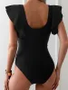 Ruffled Cap Sleeves Beach One Piece Swimsuit sold by Allegra K