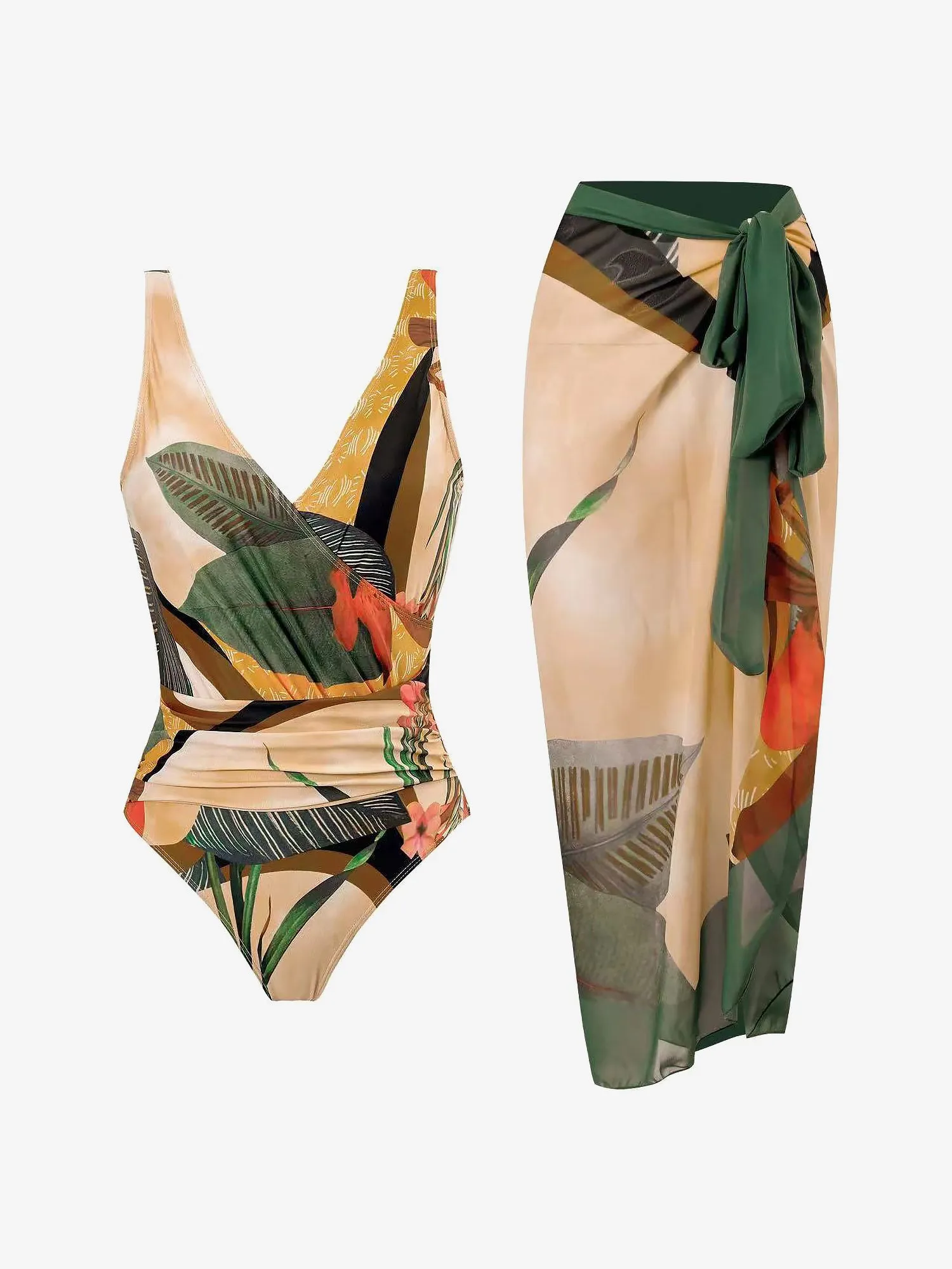 2 Pieces Printed Lace- Up Swimsuit & Wrap Maxi Skirt Cover Ups Set sold by Allegra K