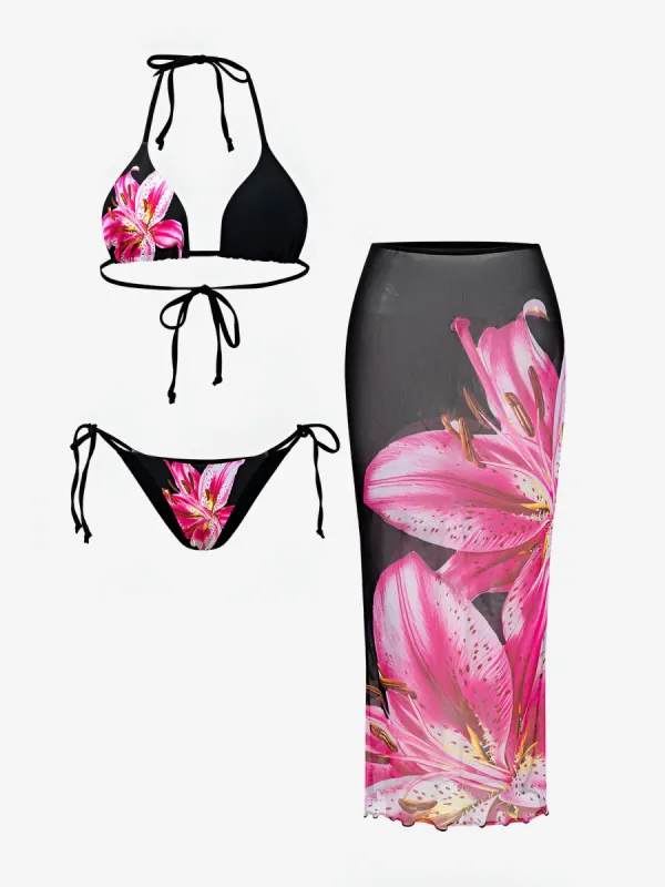 3 Pieces Lace-Up Halter Neck Bikinis & Floral Maxi Skrit Cover Ups Set sold by Allegra K