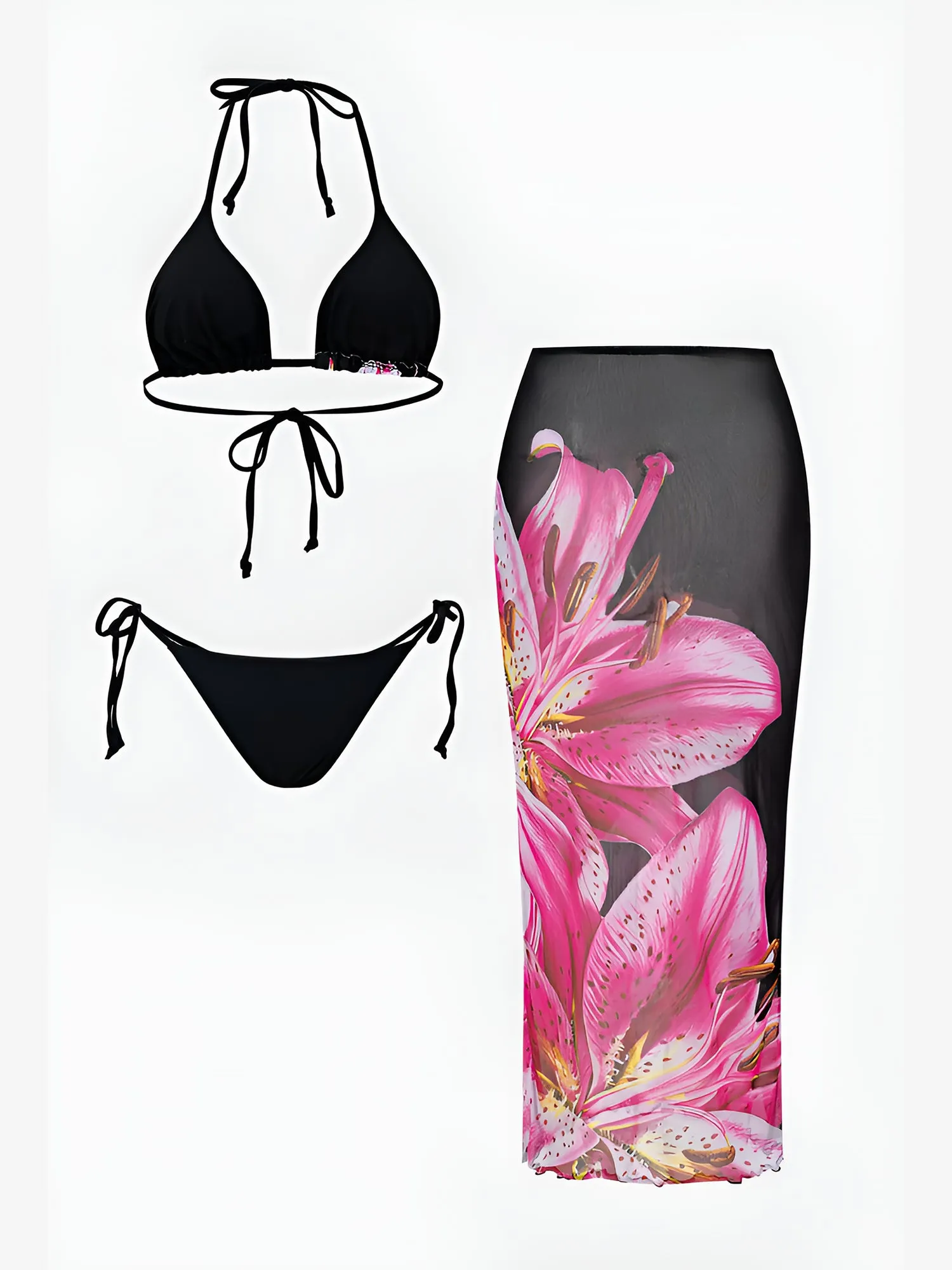 3 Pieces Lace-Up Halter Neck Bikinis & Floral Maxi Skrit Cover Ups Set sold by Allegra K product image thumbnail 2