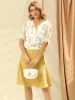 Floral Belted Puff Sleeve V Neck Peplum Chiffon Wrap Blouse sold by Allegra K