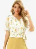 Floral Belted Puff Sleeve V Neck Peplum Chiffon Wrap Blouse sold by Allegra K