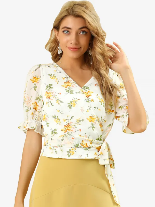 Floral Belted Puff Sleeve V Neck Peplum Chiffon Wrap Blouse sold by Allegra K