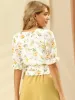 Floral Belted Puff Sleeve V Neck Peplum Chiffon Wrap Blouse sold by Allegra K