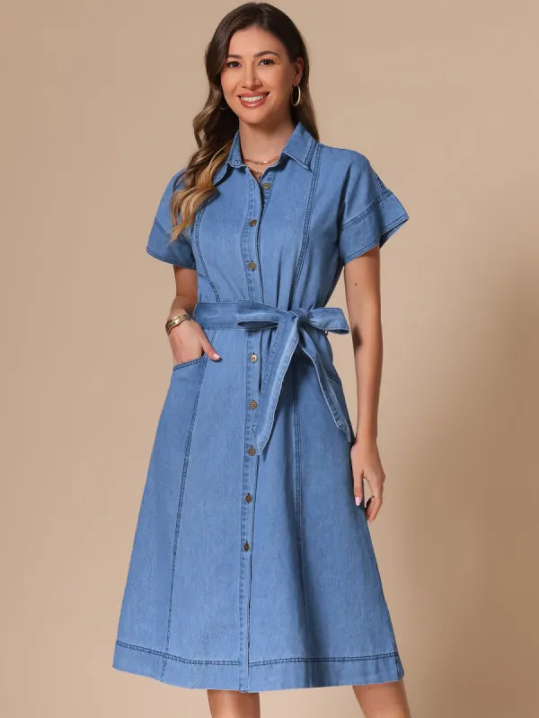 Denim Button Down Short Sleeves Belted Midi Dress sold by Allegra K