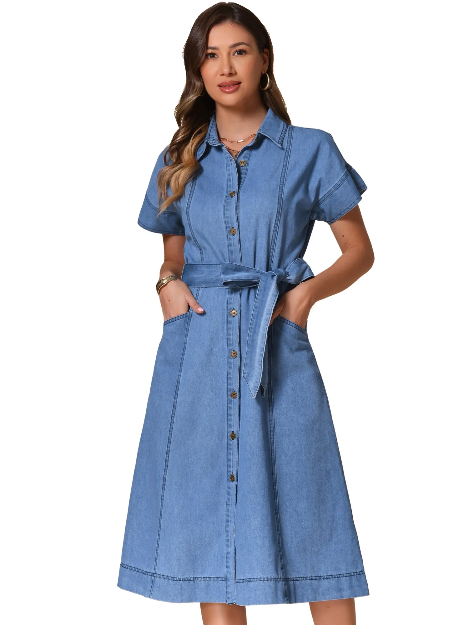 Denim Button Down Short Sleeves Belted Midi Dress sold by Allegra K product image thumbnail 4