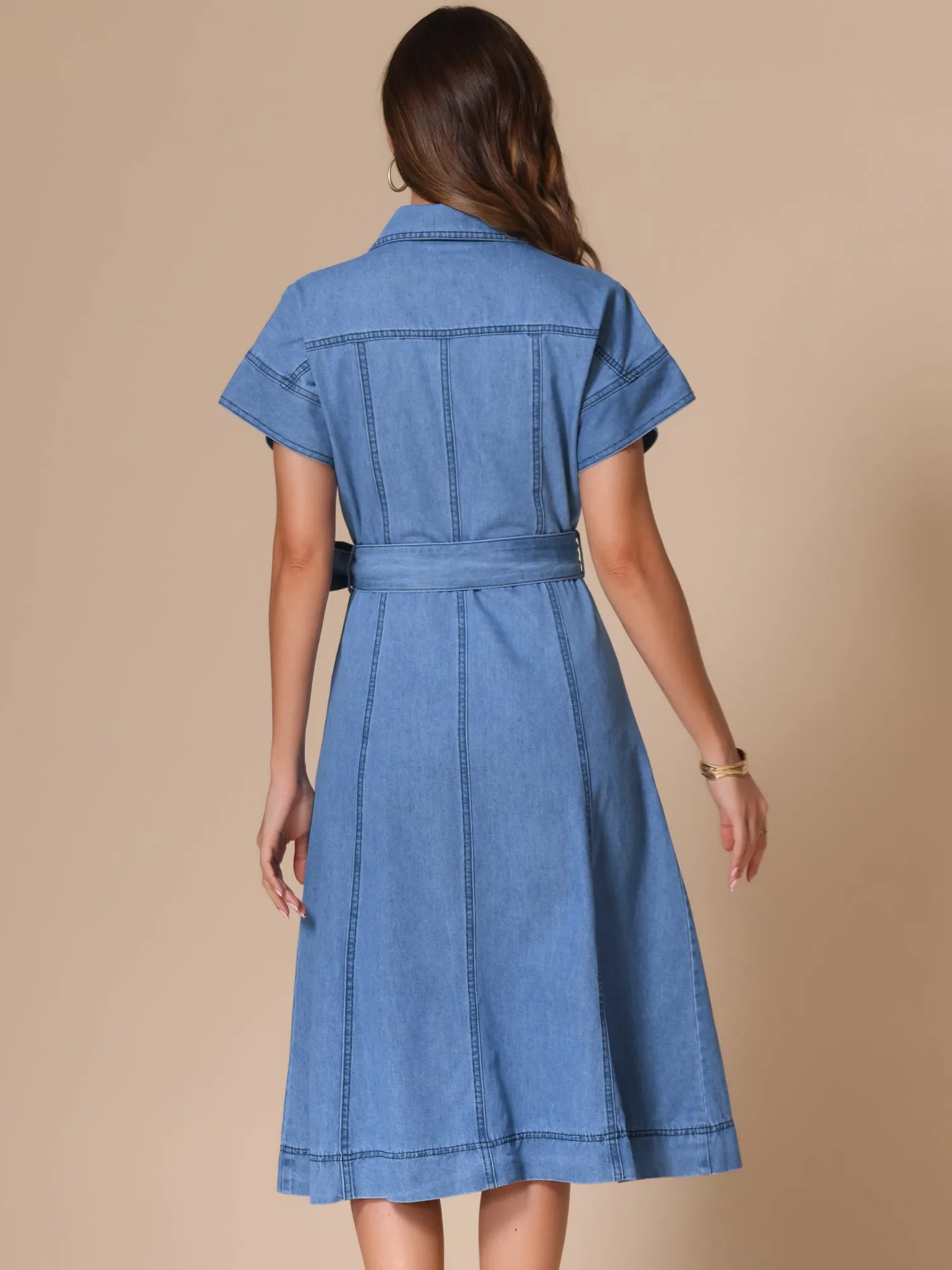 Denim Button Down Short Sleeves Belted Midi Dress sold by Allegra K product image thumbnail 3