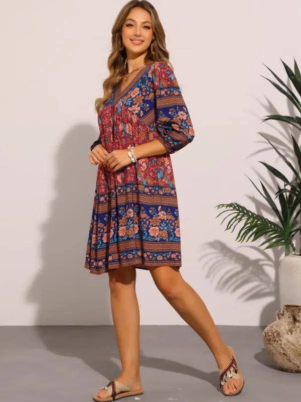 3/4 Sleeve V Neck Floral Print Loose Casual Midi Dress sold by Allegra K
