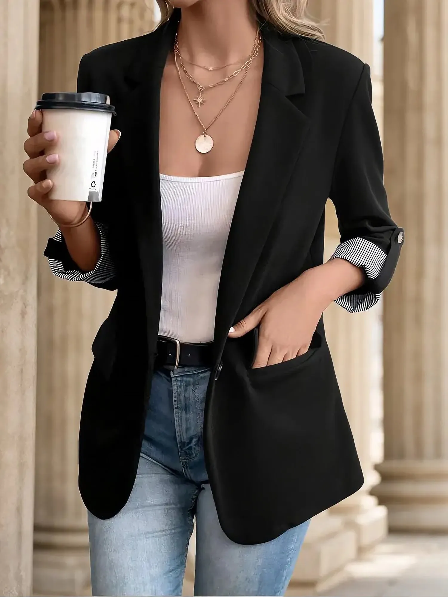 Flattering Rolled Sleeves Notched Lapel Buttoned Lightweight Office Casual Jacket Blazer sold by Allegra K product image thumbnail 5