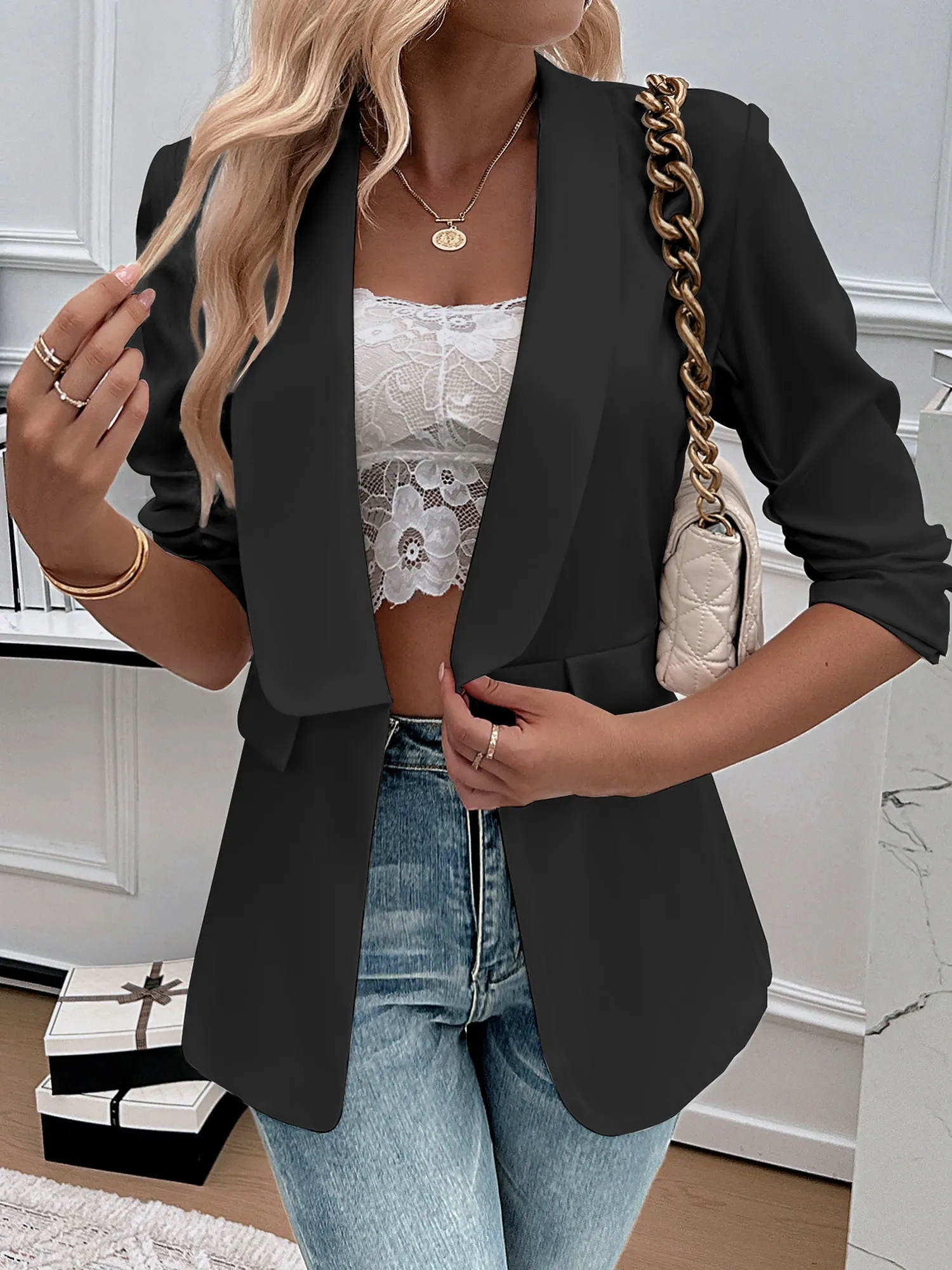 Ruched 3/4 Sleeves Solid Color Open Front Blazer sold by Allegra K