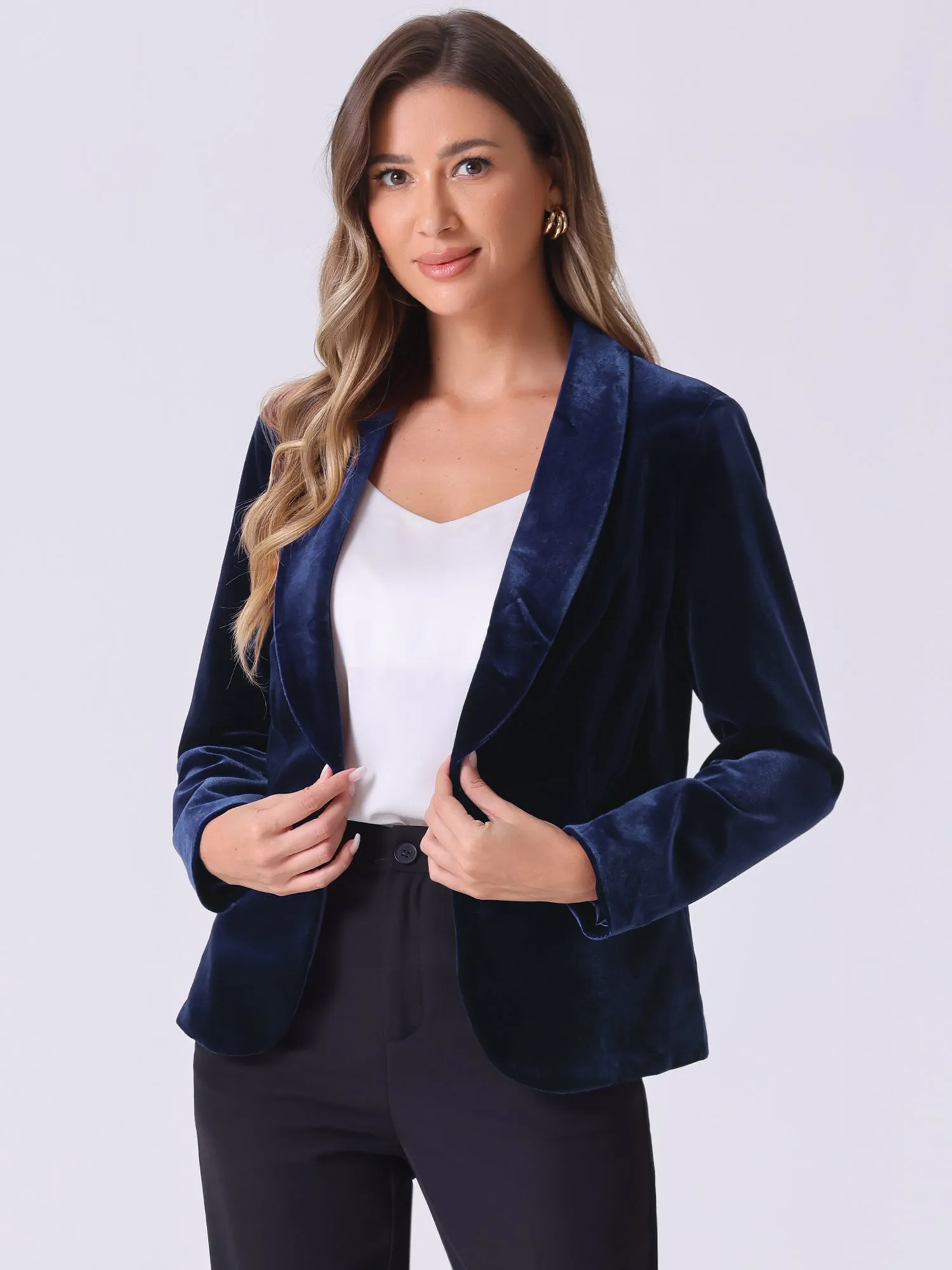 Solid Shawl Collar Single Button Velvet Blazer sold by Allegra K