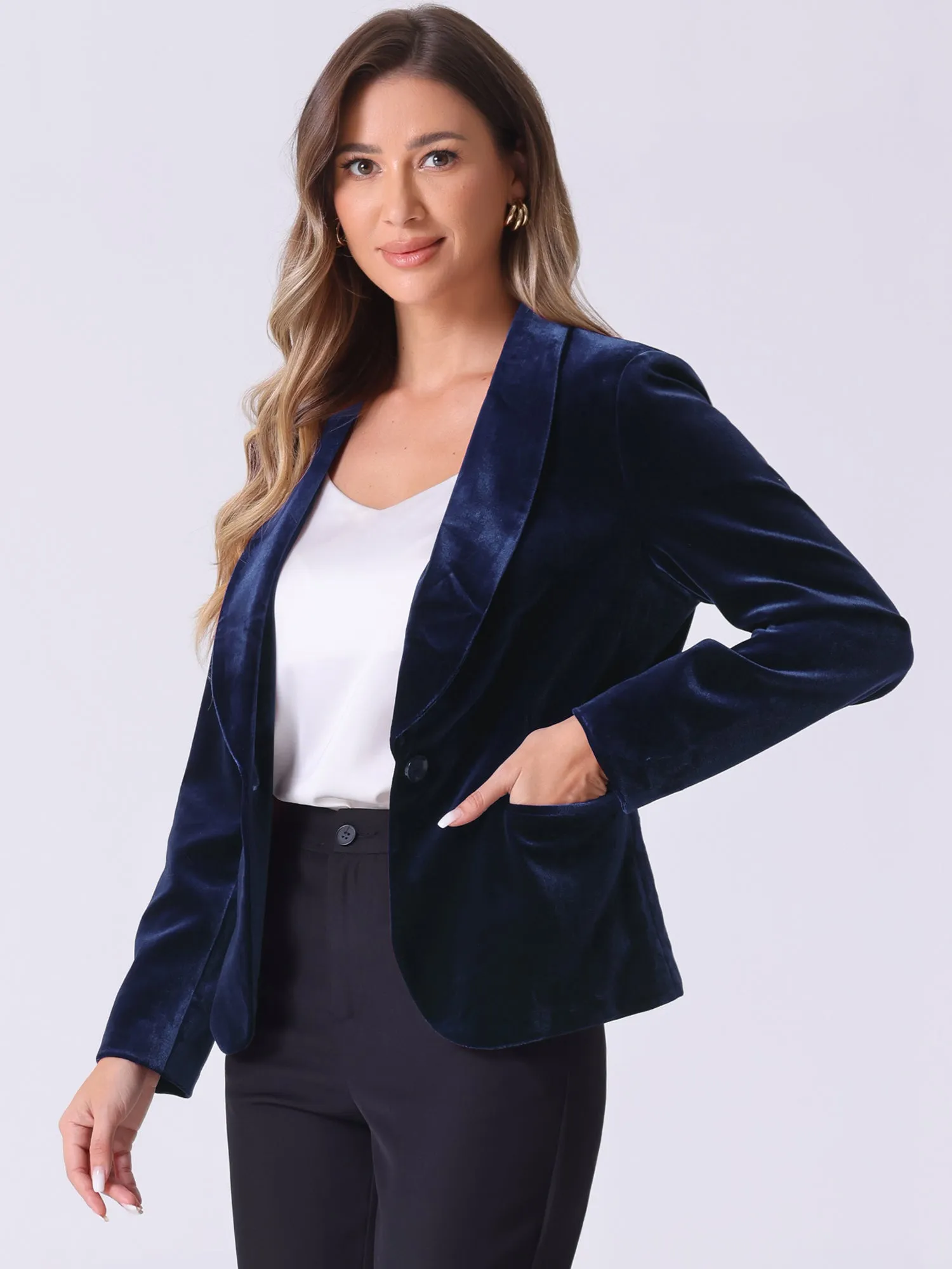 Solid Shawl Collar Single Button Velvet Blazer sold by Allegra K product image thumbnail 2