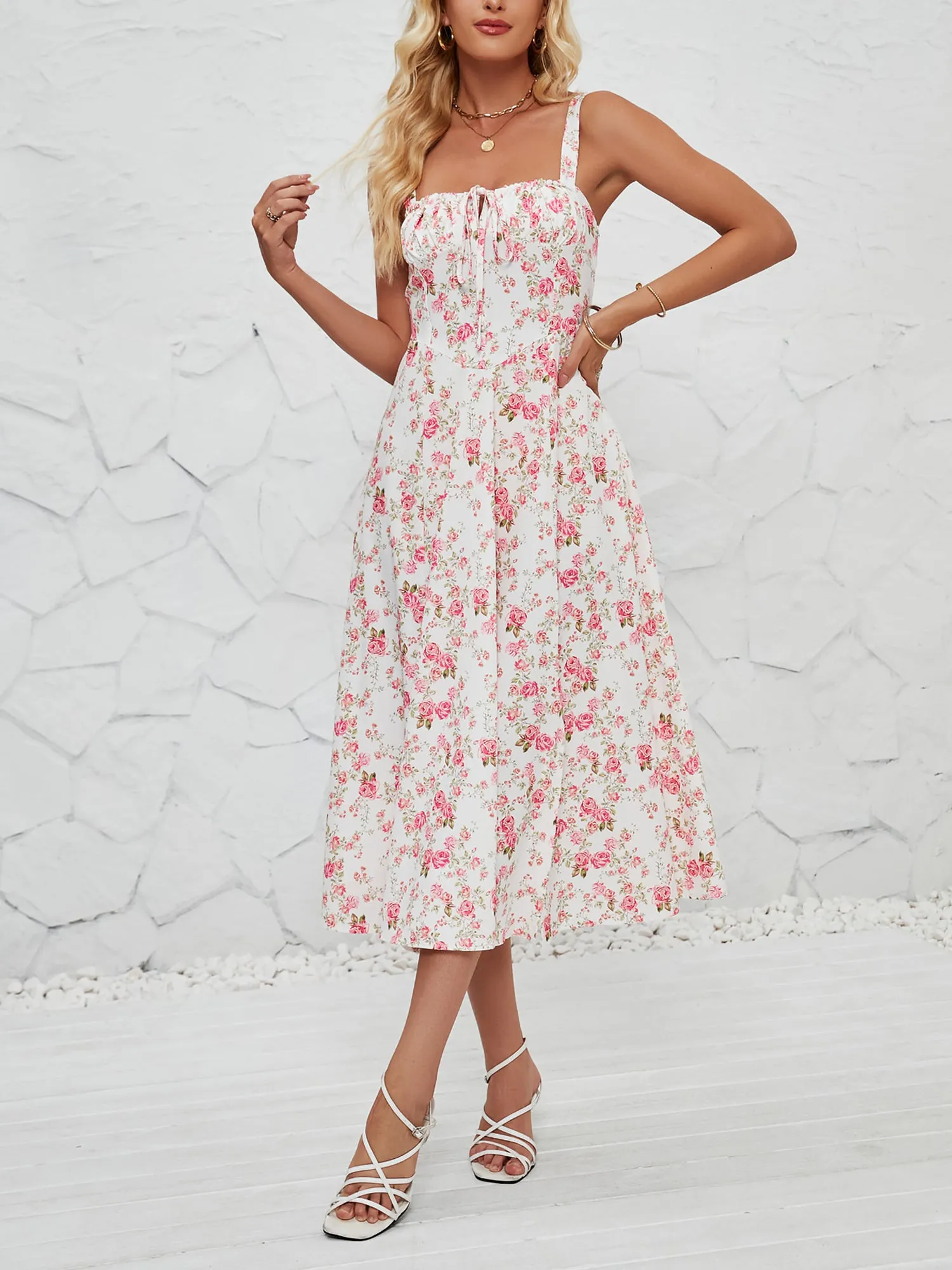 Floral Sleeveless Lace-Up Side Slit Dress Sundress sold by Allegra K product image thumbnail 5