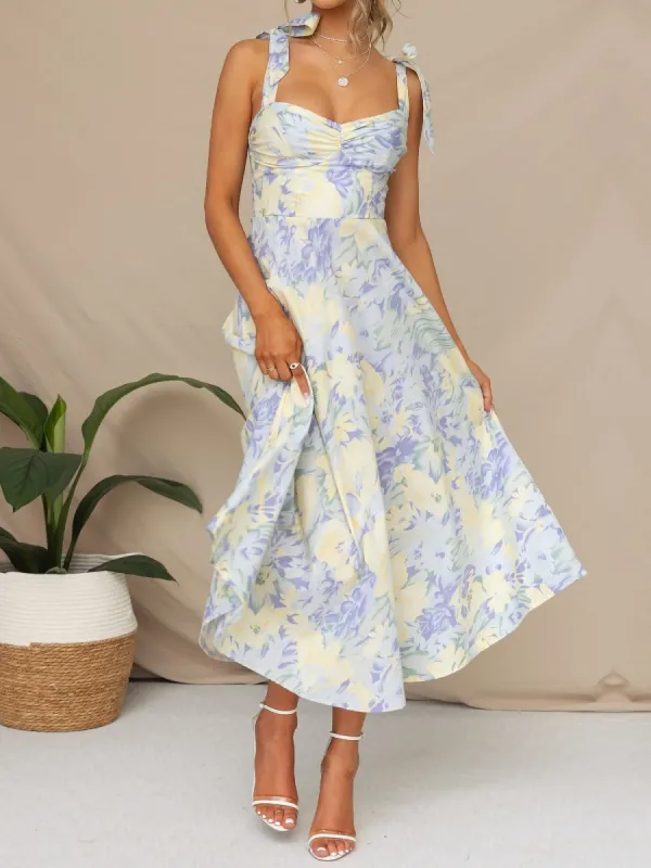 Boho All-Over Bloom Print Floral Adjustable Lace-Up Sleeveless A-Line Midi Dress sold by Allegra K