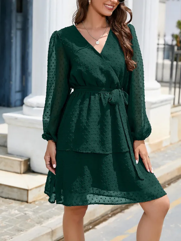 Swiss Dots Lantern Long Sleeves Lace-Up Midi Dress sold by Allegra K