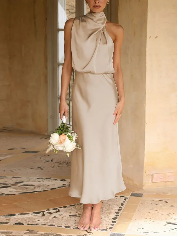 Elegant Halter Ruched Satin Sleeveless Midi Bridesmaid Wedding Party Dress sold by Allegra K