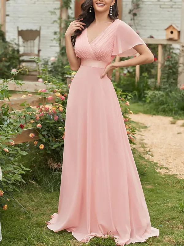 V Neck Short Sleeve Chiffon Bridesmaid Maxi Dress sold by Allegra K