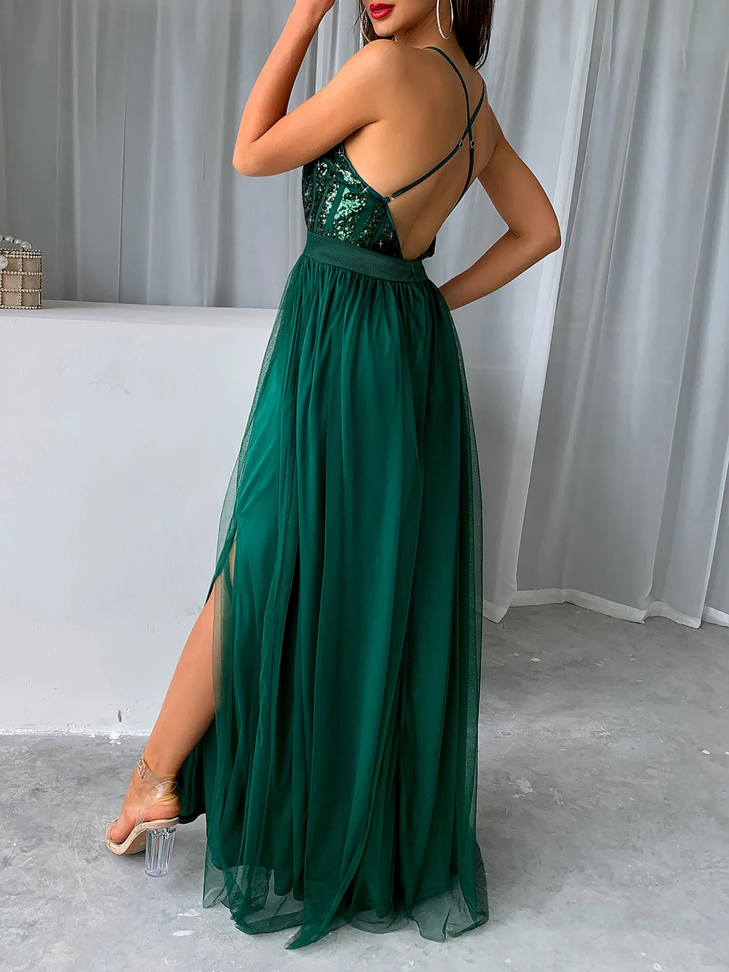 Sequin Mesh Spaghetti Strap Backless Slit Maxi Dress sold by Allegra K product image thumbnail 3