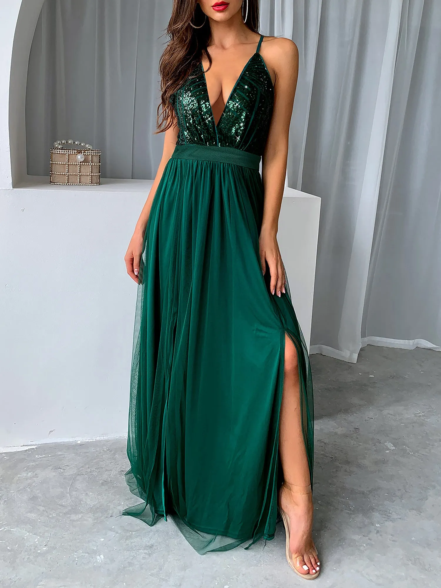 Sequin Mesh Spaghetti Strap Backless Slit Maxi Dress sold by Allegra K