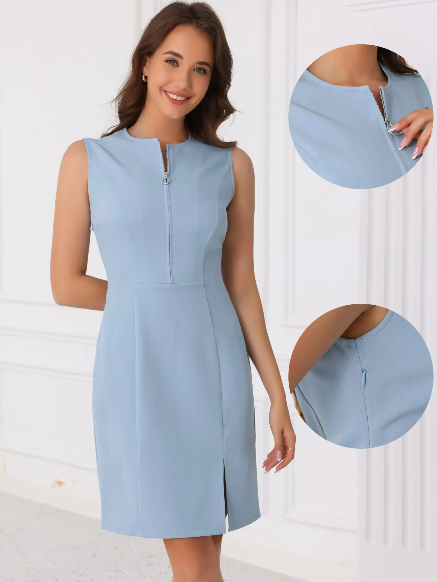 Sleeveless Round Neck Slit Work Office Midi Dress sold by Allegra K