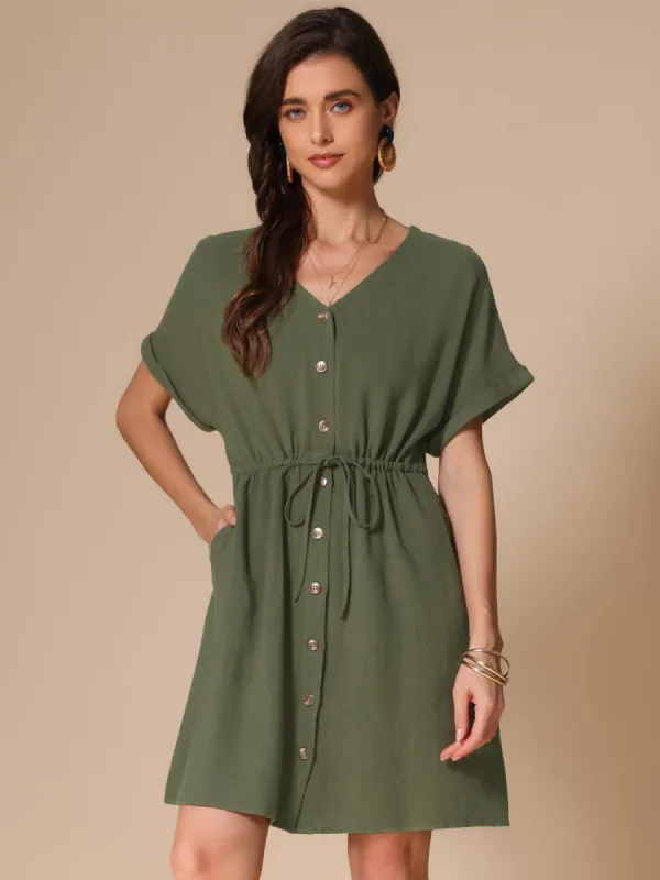 Button Down A-Line Drawstring Waist Pocketed Dress sold by Allegra K