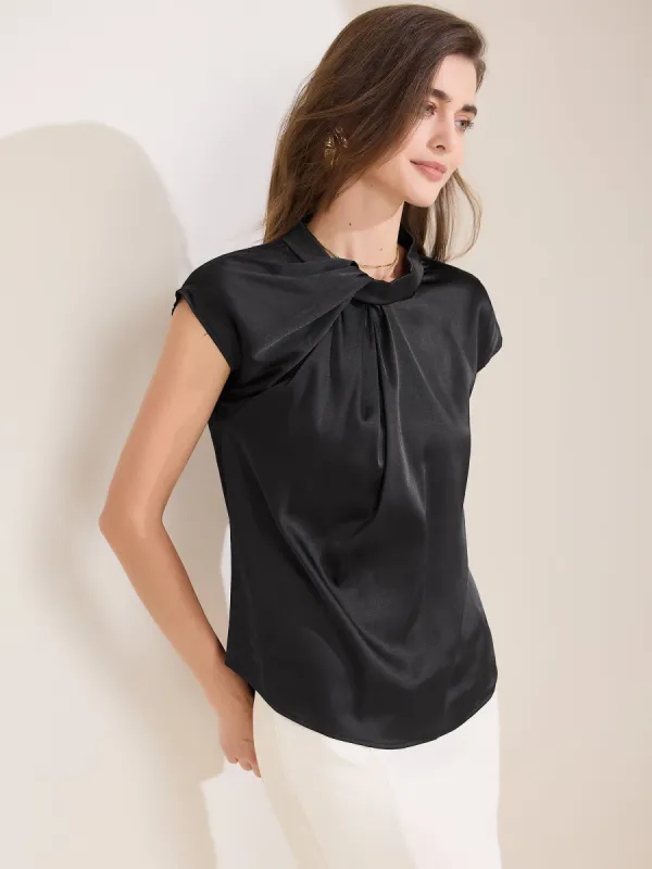 Satin Cap Sleeve Ruched Neck Work Office Blouse sold by Allegra K