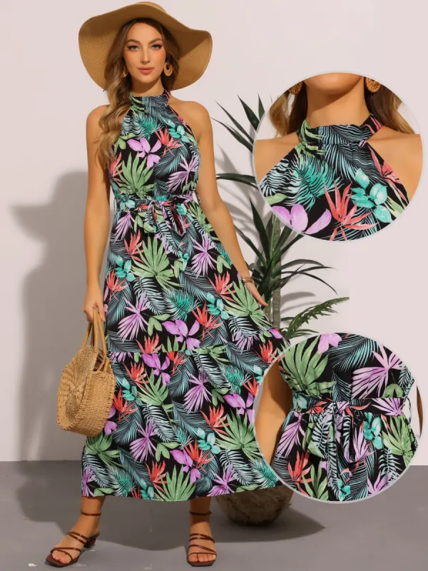 Floral Halter Neck Sleeveless Beach Maxi Tropical Dress sold by Allegra K