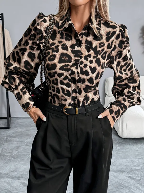 Leopard Print Lantern Sleeve Button Down Blouse sold by Allegra K