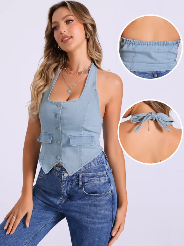 Backless Denim Halter Neck Waistcoat Vest sold by Allegra K