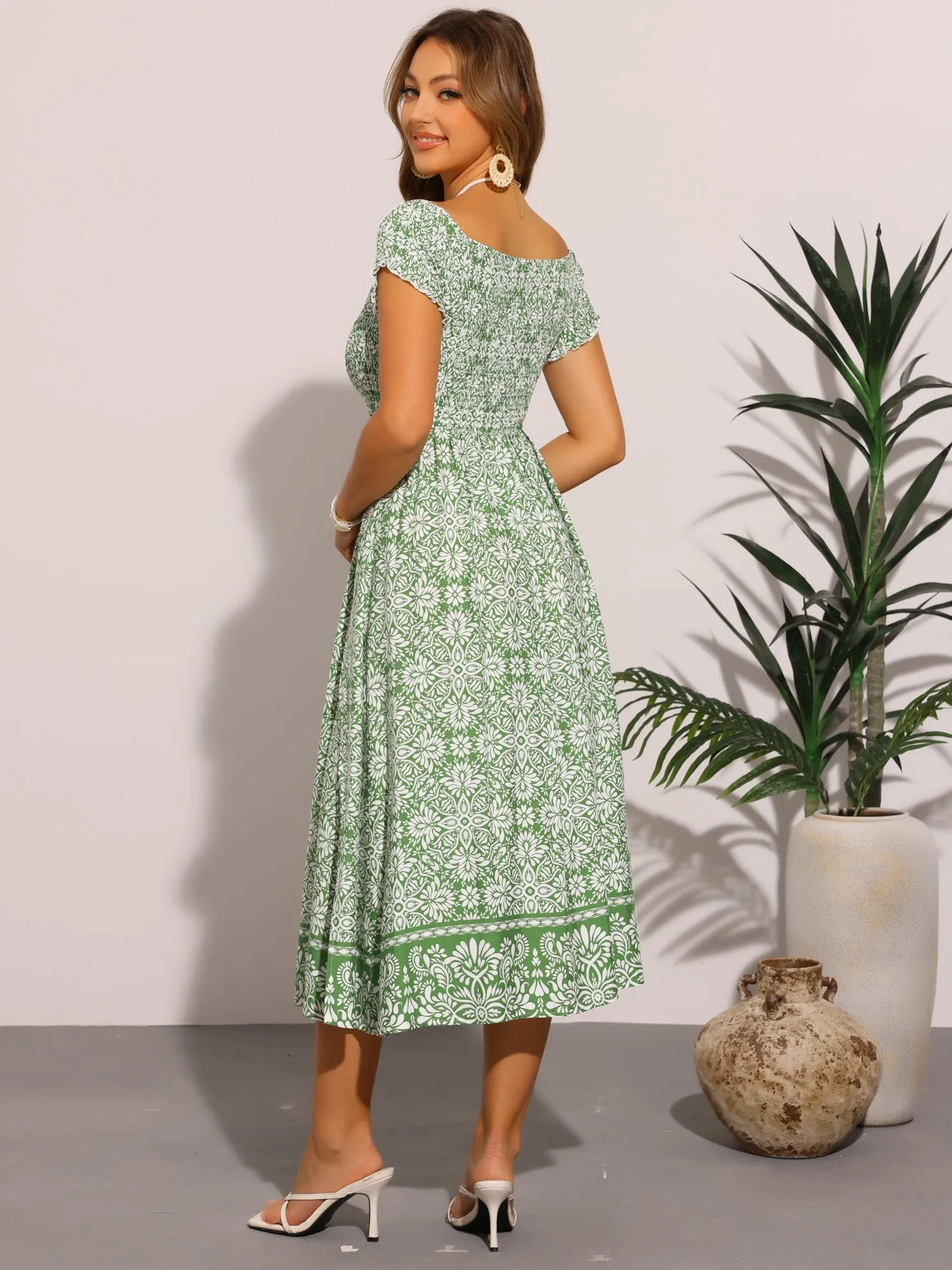 Floral Off Shoulder Smocked Side Slit Midi Dress sold by Allegra K product image thumbnail 3