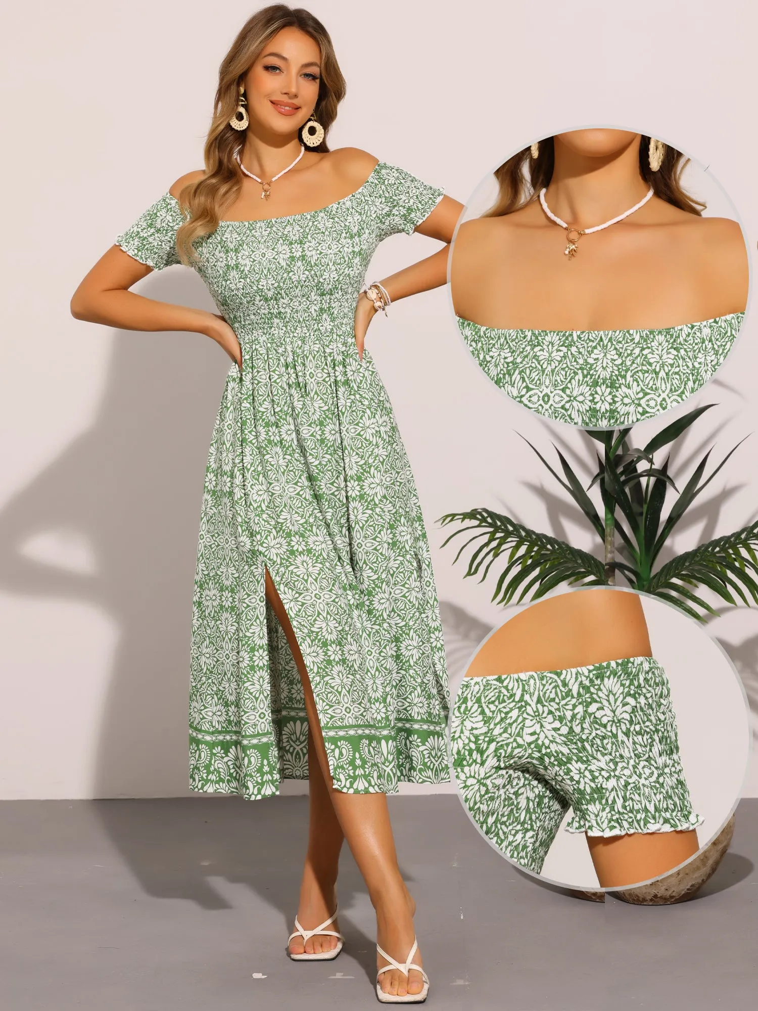 Floral Off Shoulder Smocked Side Slit Midi Dress sold by Allegra K product image thumbnail 2