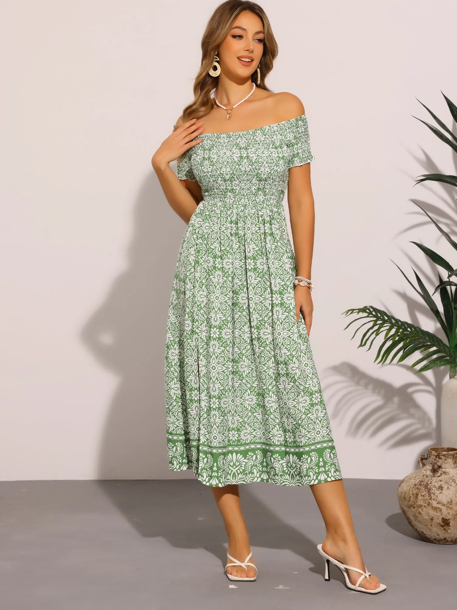 Floral Off Shoulder Smocked Side Slit Midi Dress sold by Allegra K