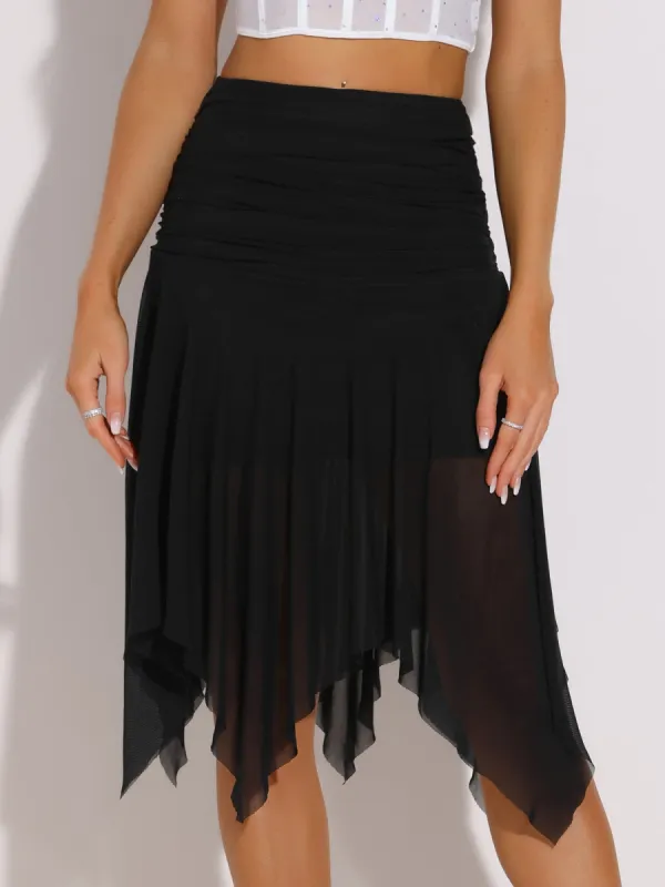 Asymmetrical Hem Ruched Flowy Mesh Midi Skirt sold by Allegra K