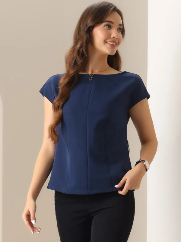 Cap Sleeve Boat Neck Office Work Belted Tops sold by Allegra K