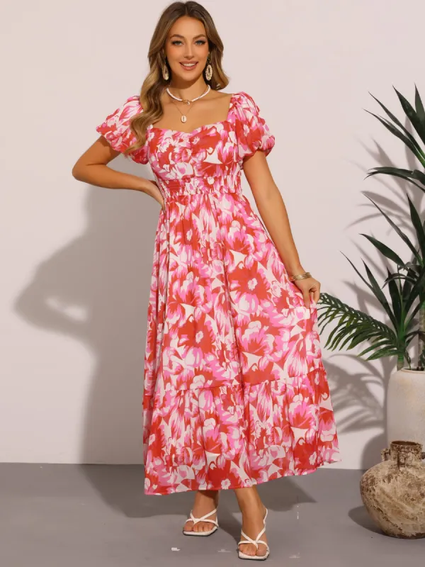 FloralSmocked Back Puff Sleeves Maxi Dress sold by Allegra K